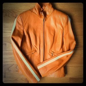Pumpkin & White Scuba-style leather jacket